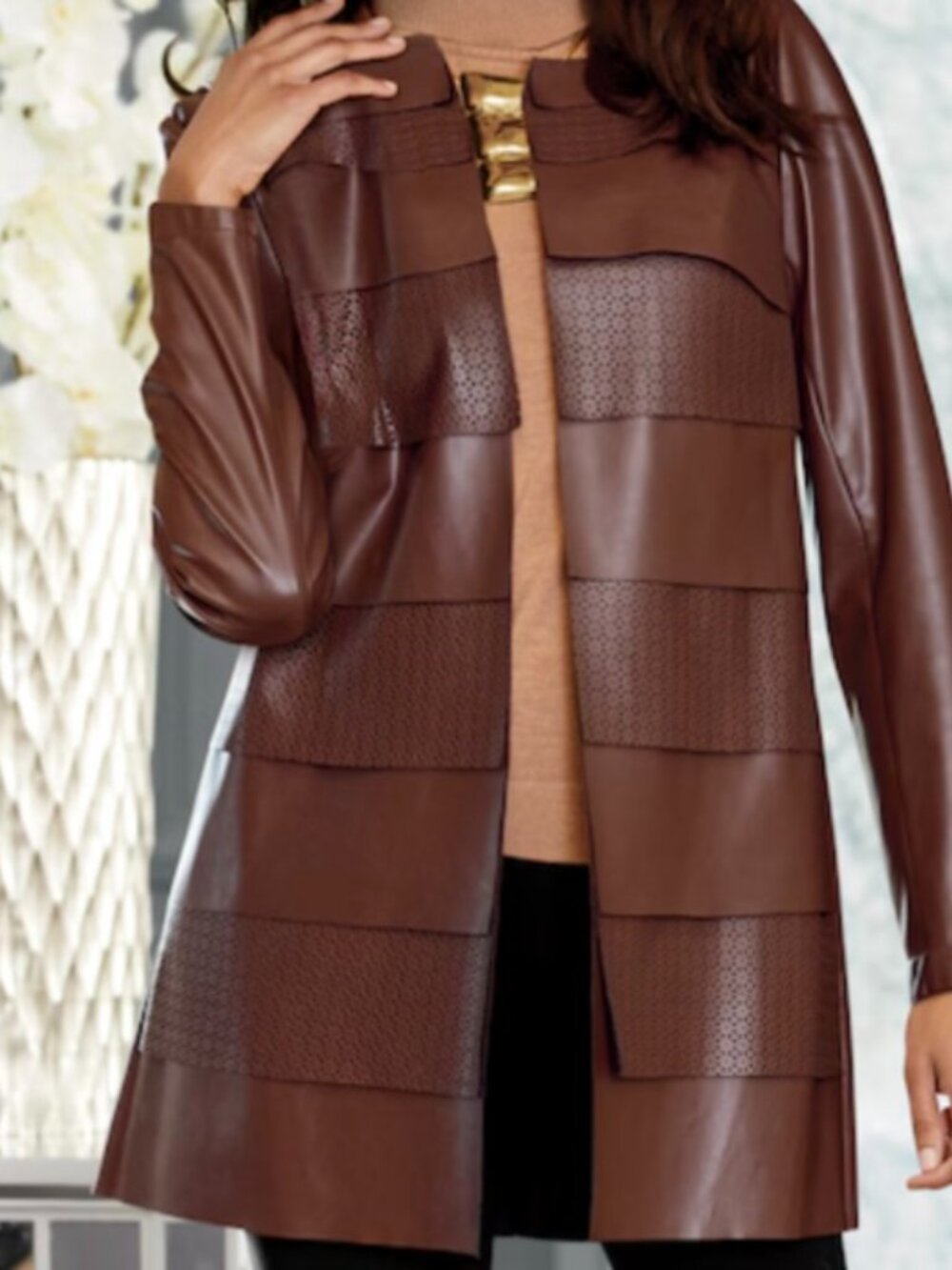 Midnight Velvet Brown Faux leather Tiered Jacket